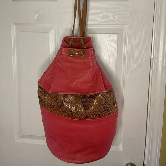 Leather orange and Brown snake skin print  Xlarge bucket bag sling back tan trap main image 6